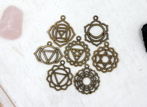 Set of 7, bronze yoga charm, seven chakra charm, 30mm, 1 set.